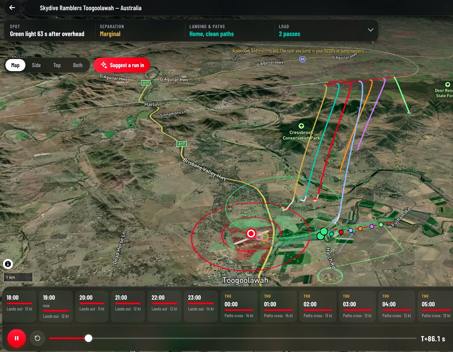 The spotting tool in 3D over Skydive Ramblers Toogoolawah: the jump run, every group's freefall and canopy path, exit points, the wind cone and the landing area