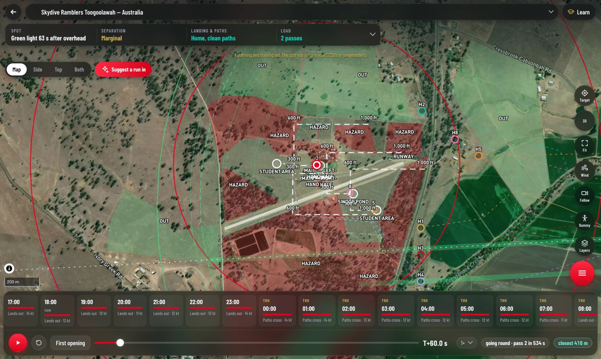 Top-down view of the Toogoolawah landing area with hazards, holding points and landing patterns