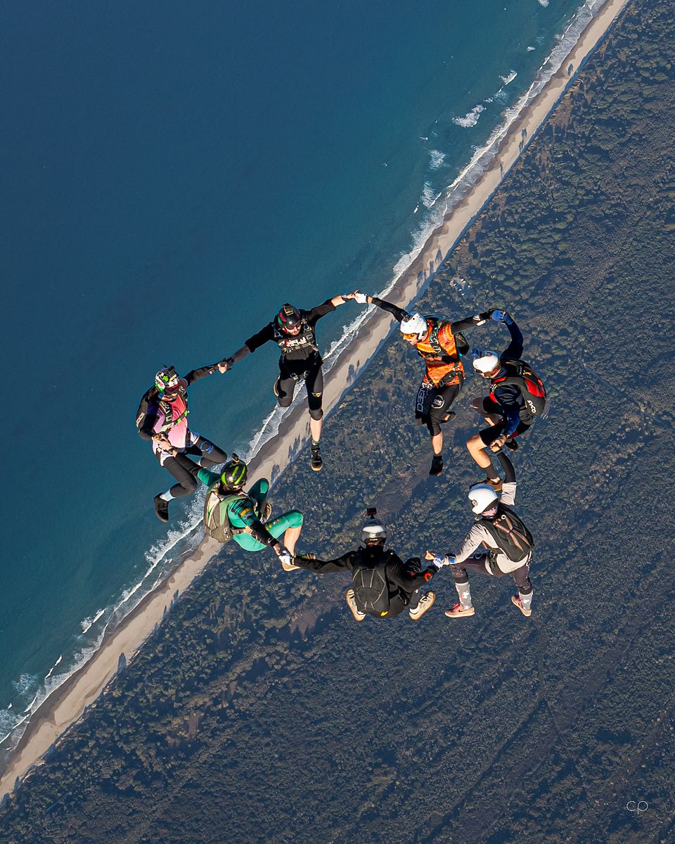 Flyers scattered high above the coastline