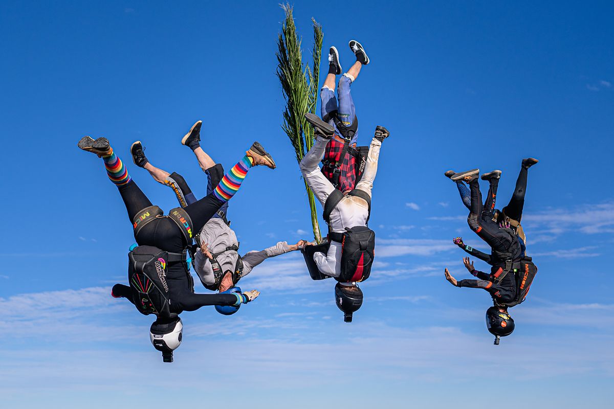 A head-down formation against deep blue sky