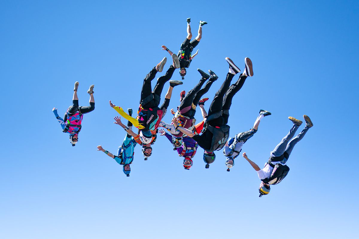 A freefall formation against clear blue sky