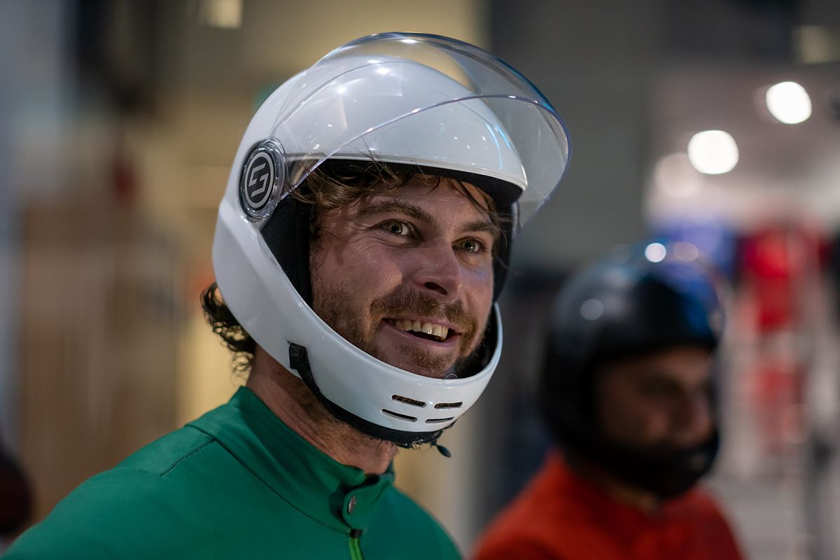 Mason in a Downunder Dynamics suit and helmet at the tunnel